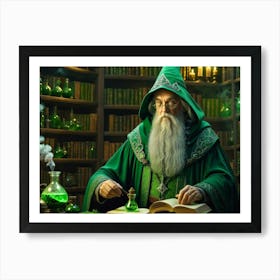 Green old wizard, conjuring, experimenting, alchemy, doing magic 1 Affiche