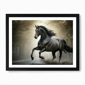 Horse Running In The Forest Art Print