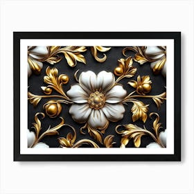 Elegant Leather Base Golden and White Floral Damask Seamless Flowers with Gold Art Print