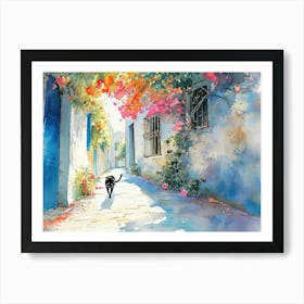 Bodrum, Turkey   Black Cat In Street Art Watercolour Painting 4 Art Print