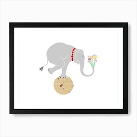 Elephant Balancing On Cookie With Flowers, Fun Circus Animal, Cake, Biscuit, Sweet Treat Print, Landscape Art Print