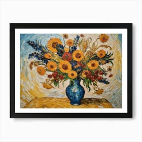 Painting Of Vase With Yellow And Blue Flowers Art Print