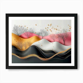 3d Art with Colorful Background, Colorful Trees, Golden Lines Art Print