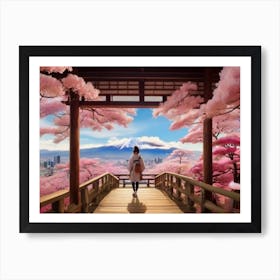 Girl Walking Through Cherry Blossoms Art Print