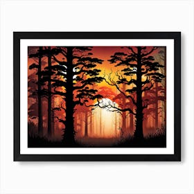   Forest bathed in the warm glow of the setting sun, forest sunset illustration, forest at sunset, sunset forest vector art, sunset, forest painting,dark forest, landscape painting, nature vector art, Forest Sunset art, trees, pines, spruces, and firs, orange and black.  Art Print