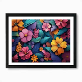 A Vibrant 3d Art Featuring Colorful Flowers And Leaves, With A Floral Art Print