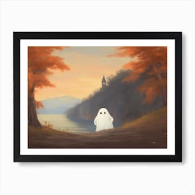 Cute Funny Ghost Autumn Fall Castle Landscape, Halloween Spooky Art Print