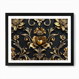 Elegant Leather Base Golden Floral Seamless Damask Flowers with Golden Peacocks Isolated on Black Background Art Print