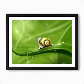 Snail On A Leaf Snail Drops Rain Drawing Green Art Print