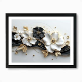 3d Artwork Illustration White Background with Golden Jewelry and Flowers in Black Design Art Print