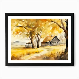 Watercolor Of A House In Autumn Art Print