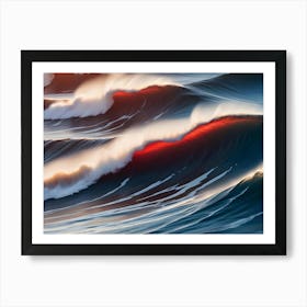 A Series Of Dramatic Ocean Waves, Their Crests Illuminated With Bright Red Light From The Setting Sun Art Print