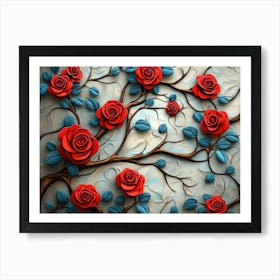 3d Red Roses On Branches With Leaves Art Print