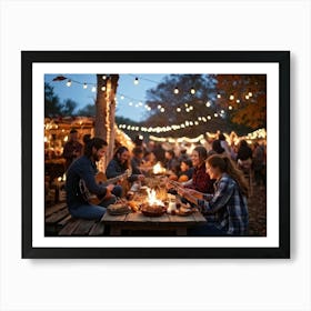 Autumn Festival Illuminated By String Lights Rustic Decorations Such As Dried Corn Husks Pumpkin A (7) Art Print