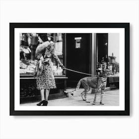 Cheetah And Woman, Leopard On A Leash, Black and White Old Photo, Vintage Fashion Art Print