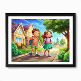 Children Walking To School Holding Hands Art Print