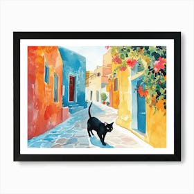 Santorini, Greece   Cat In Street Art Watercolour Painting 1 Art Print