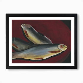 Three Fish In A Bowl painting modern contemporary figurative kitchen food artwork dark red Art Print