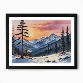 Frosted Peaks and Snowy Pines Sunset Over The Mountains Art Print