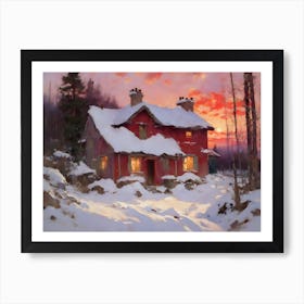 Red Cabin At Sunset Art Print