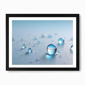 A Minimalist Image Of Blue Water Droplets On A Light Blue Background, Representing Purity, Freshness, Or Beauty Products Art Print