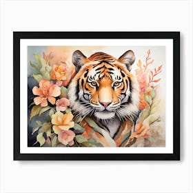 Watercolor Tiger With Flowers Art Art Print