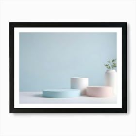 A Minimalist Image Of A White Table With A Vase Of Green Leaves And Three Circular Platforms, Representing A Product Display Or A Branding Mock Up Art Print