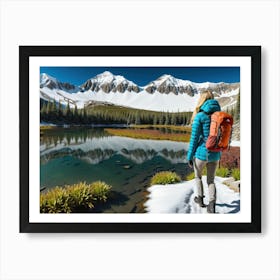 Woman trekking at snowy winter Alps, Rocky Mountains 8 Art Print