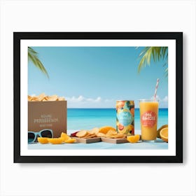 A Beach Scene With A Box Of Fruit Chips, A Can Of Juice, A Glass Of Juice, And Some Fruit, All Set Against A Blue Sky And Palm Trees Art Print