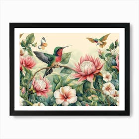 Tropical Background with Protea, Hibiscus Flowers, Leaves, Hummingbirds, Butterflies Art Print