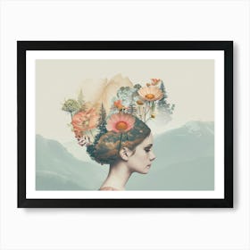 Girl With Flowers In Her Head Art Print