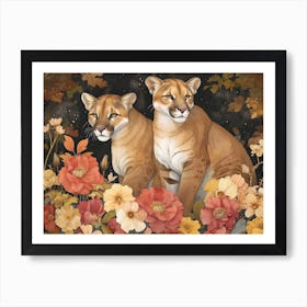 Floral Animal Illustration Mountain Lion 1 Art Print
