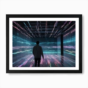 A Man Walks Through A Dark, Futuristic Room Illuminated By Glowing Lines That Resemble A Digital Data Stream Art Print