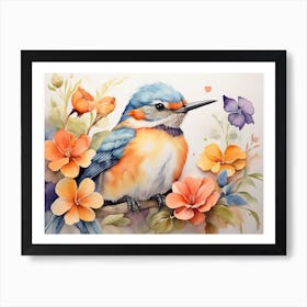 Elegant Kingfisher Watercolor Floral Art Print