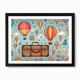 A Hand Drawn Illustration Depicting A Vintage Suitcase With A Variety Of Travel Themed Items, Including Hot Air Balloons, Clouds, And Compass, Against A Blue Background Art Print