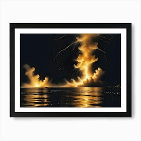 A Dramatic Image Of A Golden Lightning Bolt Striking The Ocean With A Dark Sky In The Background, Creating A Sense Of Power And Energy Art Print