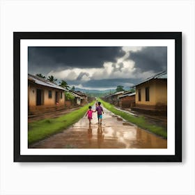 Two Children Walking Down A Street paintings art print Art Print