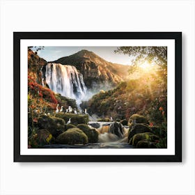 Mountain Waterfall with Wildlife Painting #13 Art Print