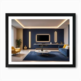 A Modern Living Room Interior With A Blue Sofa, Yellow Armchair, A Tv With Blue Accent Lighting, And A Blue Rug Art Print