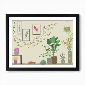 Relaxed cute kawaii style interior plants, cat sleeping, flowers in a vase  Art Print