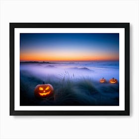 Jack O Lanterns With Eerie Glows Emanating A Soft Light Scattered Along A Desolate Shoreline Early Art Print