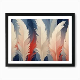 A Vibrant Arrangement Of Feathers In Shades Of White, Red, And Blue, Creating A Soft, Textured Pattern Affiche