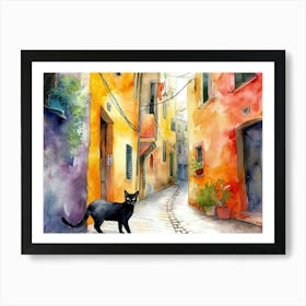 Black Cat In Cagliari, Italy, Street Art Watercolour Painting 4 Art Print