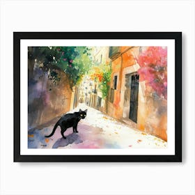 Barcelona, Spain   Black Cat In Street Art Watercolour Painting 3 Art Print