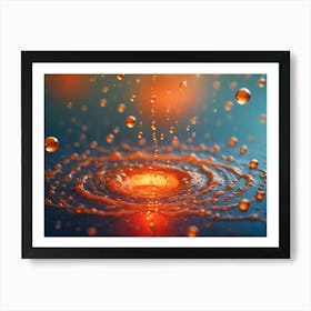 A Large Water Droplet Creating A Splash And Ripples In A Body Of Water, With Smaller Droplets Scattered Around Art Print