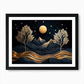 3d Modern Art With Dark Blue And Golden Wave Background 2 Art Print