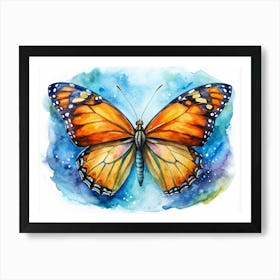 Watercolor Painting Of A Monarch Butterfly On Blue Background Art Print