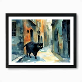 Black Cat In Turin, Italy, Street Art Watercolour Painting 4 Art Print