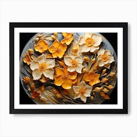 Daffodils Flutter Petals Veined Leaves Golden Yellow Mossy Art Print