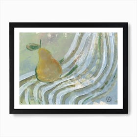 Pear On Towel acrylic painting still life mint green beige kitchen art artwork food fruit stripes stripe Art Print